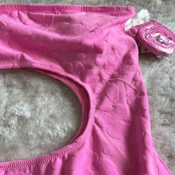 NWT Aerie | Pink Embossed Floral One-Piece Cut Out Swimsuit | Size L Long - Picture 6 of 11